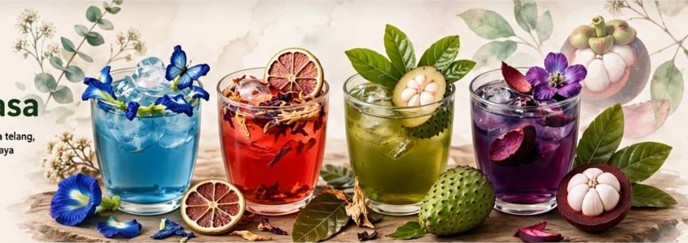 Empat gelas teh herbal Naturasa: bunga telang biru, rosela merah, daun sirsak hijau, kulit manggis ungu