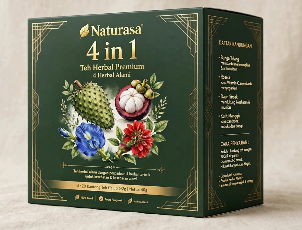 Kemasan kotak Naturasa 4 in 1 Teh Herbal Premium, hijau tua dengan ornamen emas dan gambar sirsak, manggis, bunga telang, dan rosela